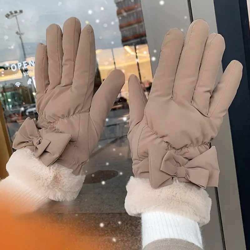 شاشة تعمل باللمس قفازات الشتاء Bowknot الرياح مقاوم للماء الباردة المقاومة قفازات ركوب الدراجات الصوف الحراري الدافئة التزلج القفازات شتاء جديد #4