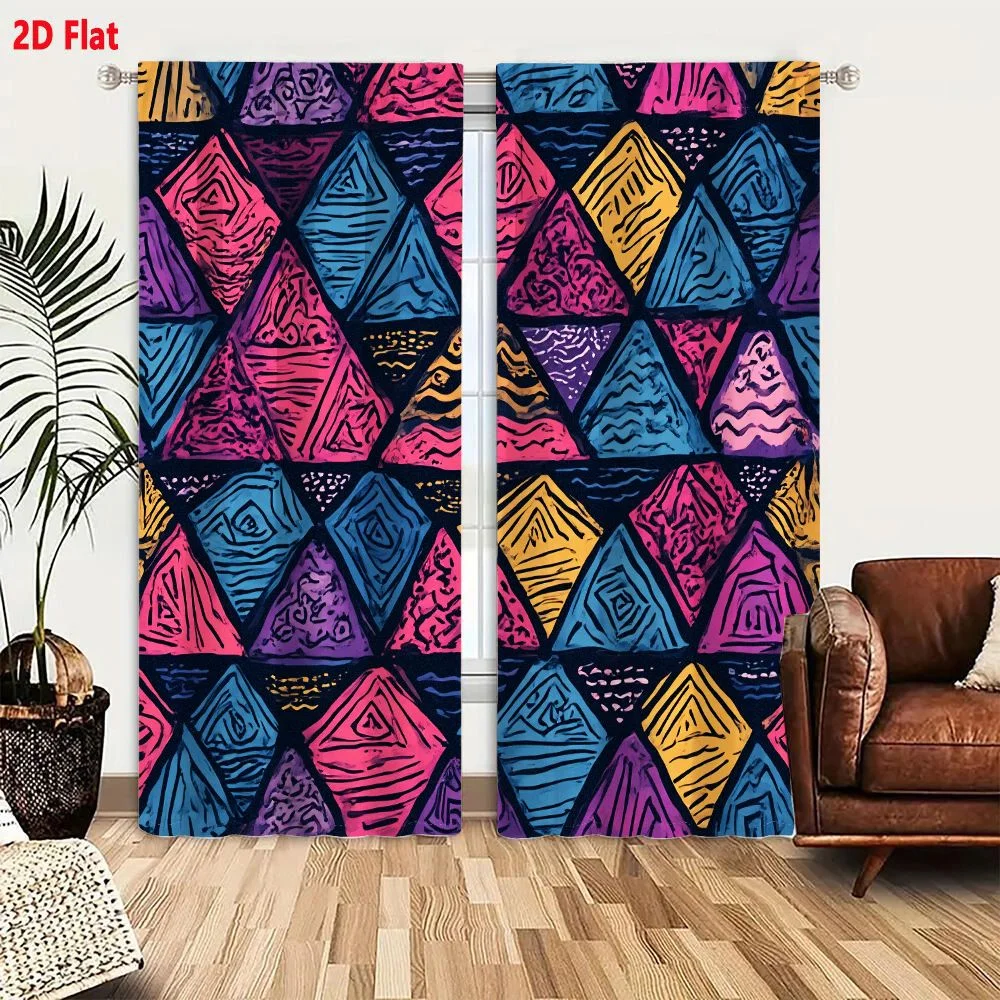 2Pcs Curtains 2D Flat Vibrant Geometric Pattern With Triangles In Magenta Teal And Mustard Yellow For Textile And Wallpaper Desi
