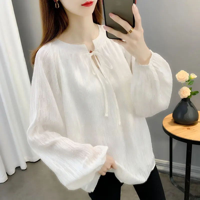 Stylish Solid Color O-Neck All-match Lace Up Chiffon Blouse Women\'s Clothing 2022 Autumn New Casual Pullovers Loose Sweet Shirt