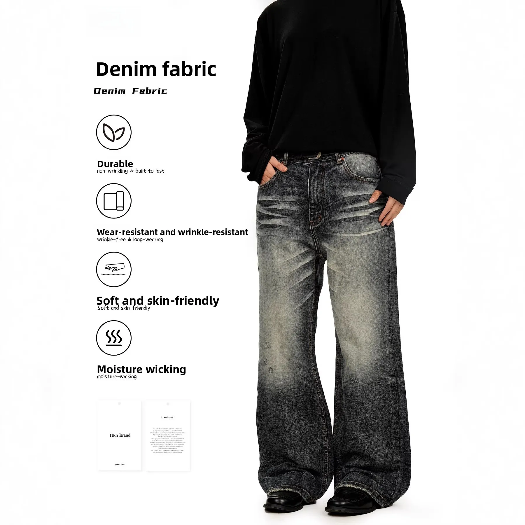 

Retro American ey Blue Jeans Men Women Iceberg Ripple Waed A-Line Straight Leg Pants Casual Loose Fit Jeans