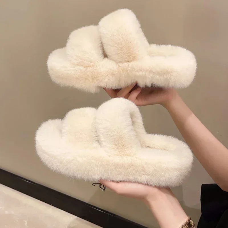 New Winter Open Toe Slipper Fashion Fur Thick Sole Flats Heel Ladies Casual Slip On Bedroom Shoes Soft Outdoor Slides Shoes