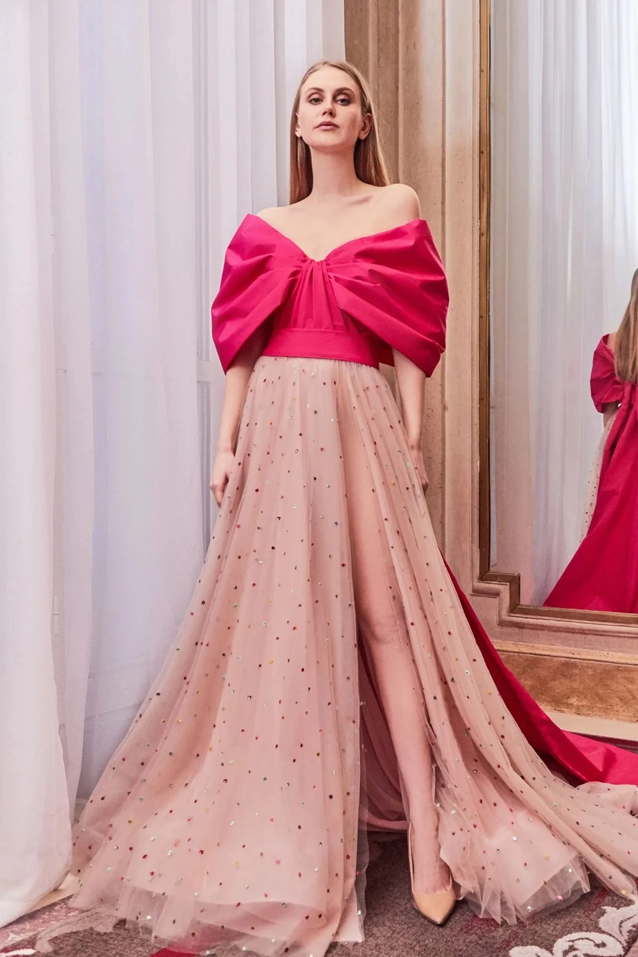 Unique Two Colors Prom Gown Fuchsia and Pink Off the Shoulder Formal Party Dresses with Cape Train فساتين للحفلات الراقصة Custom