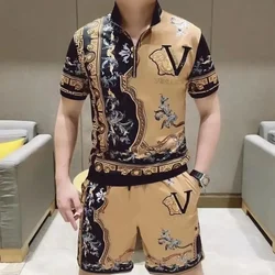 2024 new European Station Summer Polo Shirt, Men's Shorts, Two-Piece, High-end, Popular Trend, Printed Men's Sports Suit