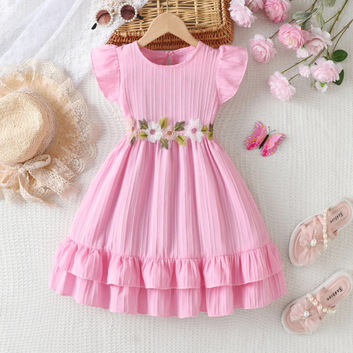 Summer Girl Dress Flutter Sleeve Floral Embroidery Princess Party Beach Dresses Ruffle Hem Sundress Vacation Kids Outfit 3-10Y