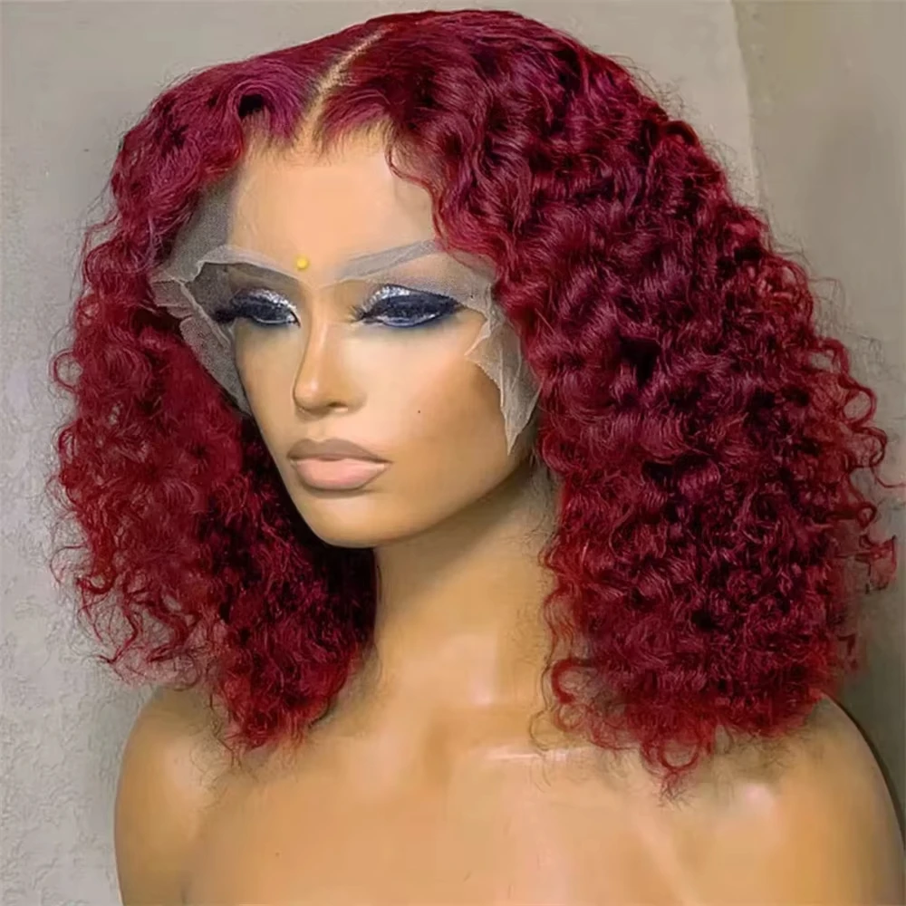 

99J Burgundy Short Bob Wigs Curly 13x4 HD Lace Front Wig Brazilian Remy Pre Plucked Glueless Red Colored Deep Water Wave Transparent Lace Frontal Wig 100% Human Hair 14 Inch
