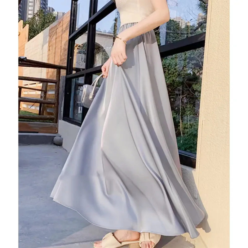 

Fashion Elastic Korean Solid Color A-Line Skirts Female Clothing 2025 Summer New Loose All-match High Waist Maxi Skirt