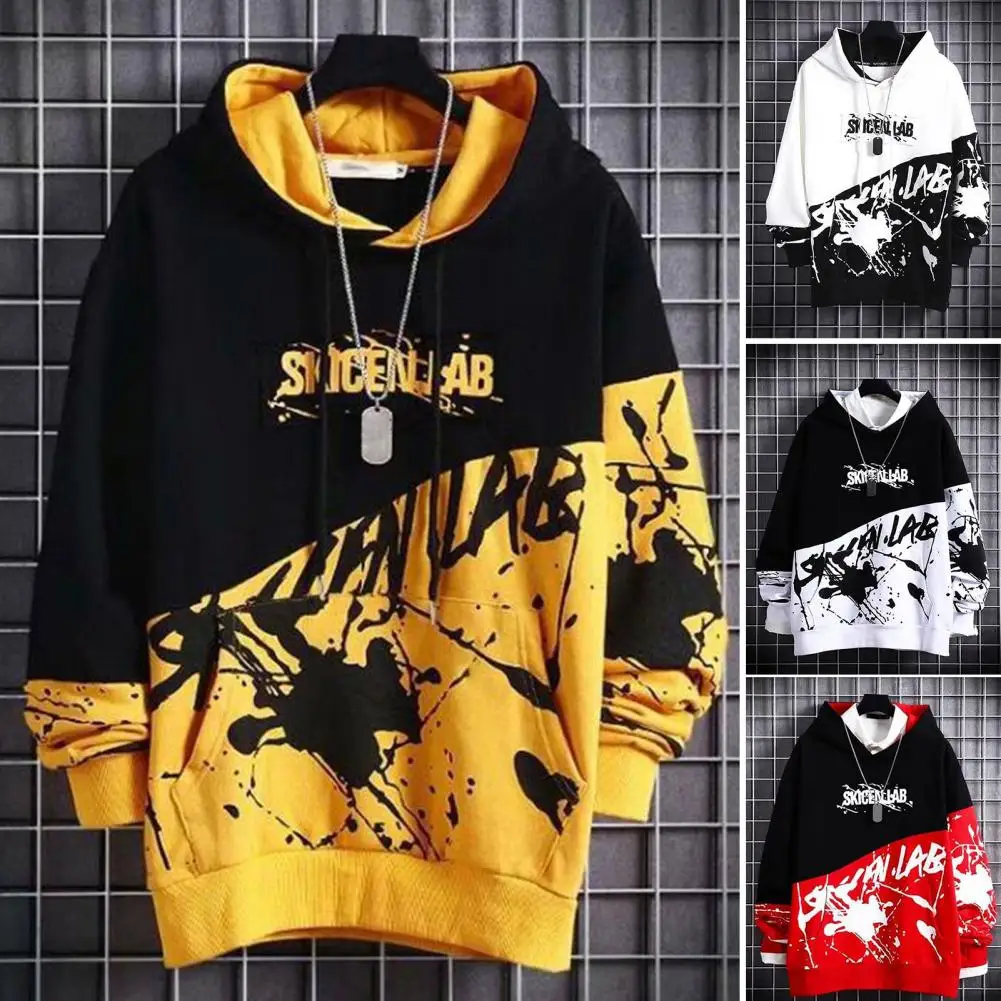 Trendy Autumn Hoodie  3D Cutting Skin-Touch Gym Hoodie  Hip Hop Style Color Matching Letter Print Hoodie