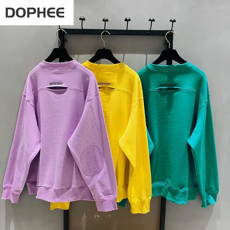 Pure Cotton Femme Sweatshirt O-neck Pullovers Hoodie Solid 10colors Korea Hole Letter Embroidery Oversize Top 2024 Spring Autumn