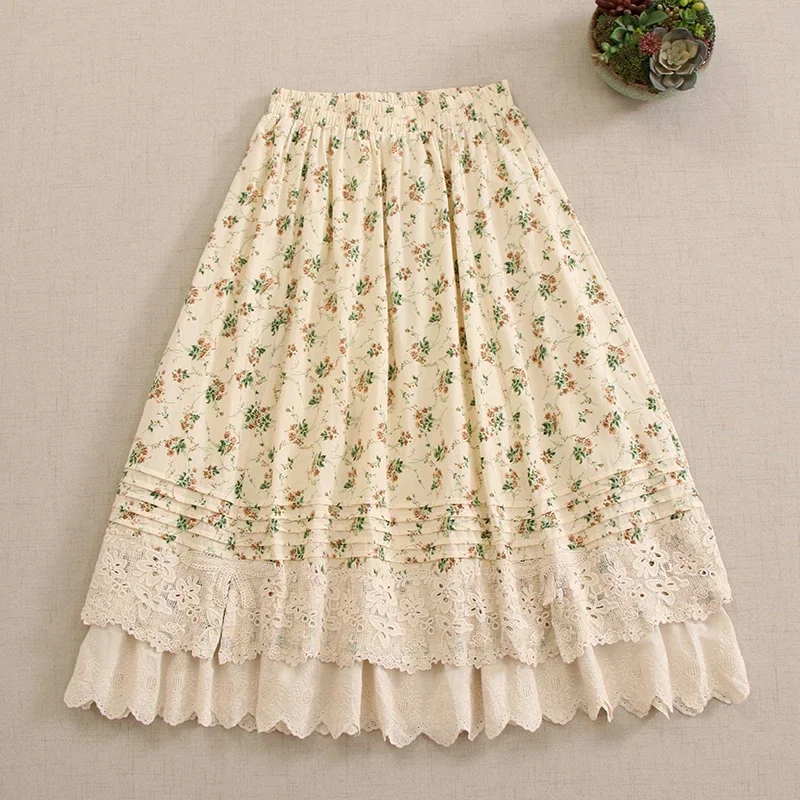 Summer Sweet Mori Girl Vintage Floral Print Embroidered Cotton Skirt Women Elastic Waist Double Layer Casual A-line Skirts