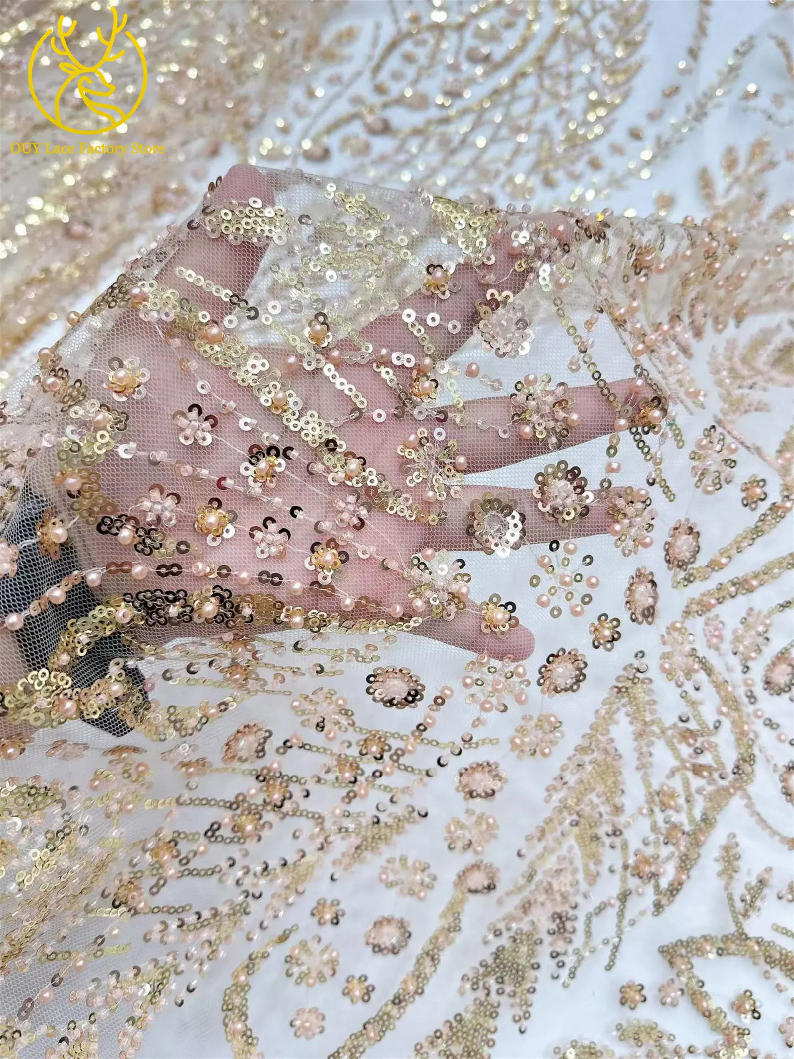 2026 Französisches Hochzeitskleid Perlen-Pailletten-Spitzenstoff 5 Yards Nigerianischer Tüll-Spitzenstoff Afrikanischer Spitzenstoff für Hochzeitsfeier-Näharbeiten – Detail 16