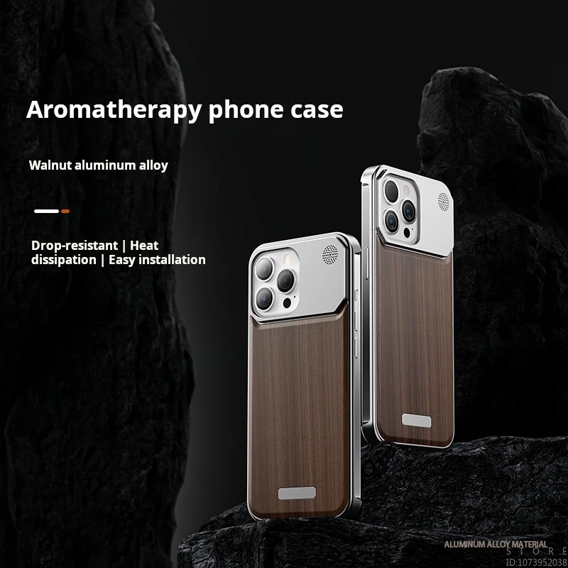 Creative Luxury Mobile Phone Case Walnut + Aluminum Alloy with Aromatherapy, Suitable for Iphone14/15, 14/15Pro, 14/15 Pro Max