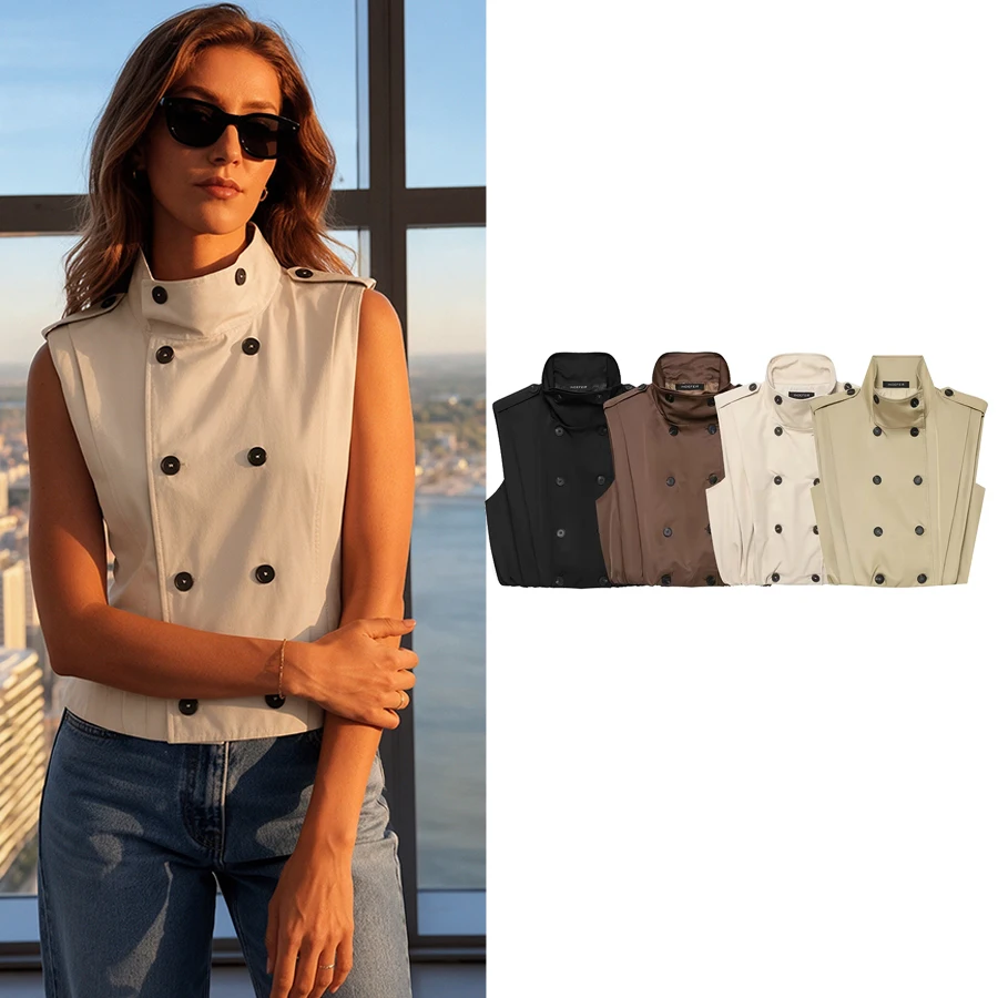Women Cropped Vest Stand Collar Double Breasted Trench Women Button Shoulder Epaulet Drawstring Hem Waistcoat Casual Lady Vest