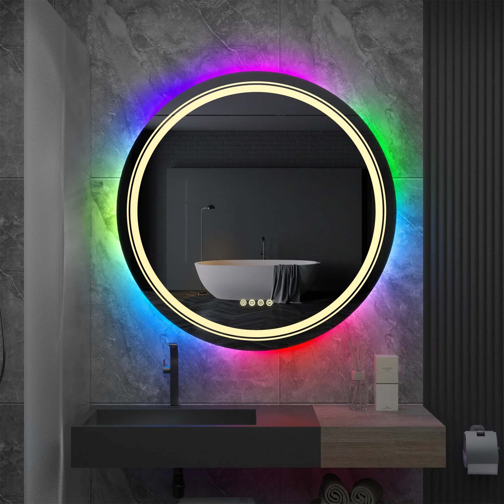 Large Round Lighted Bathroom Mirror RGB Color Changing LED Mirror Dimmable Anti-Fog Backlit Mirror RGB Multicolor Backlit