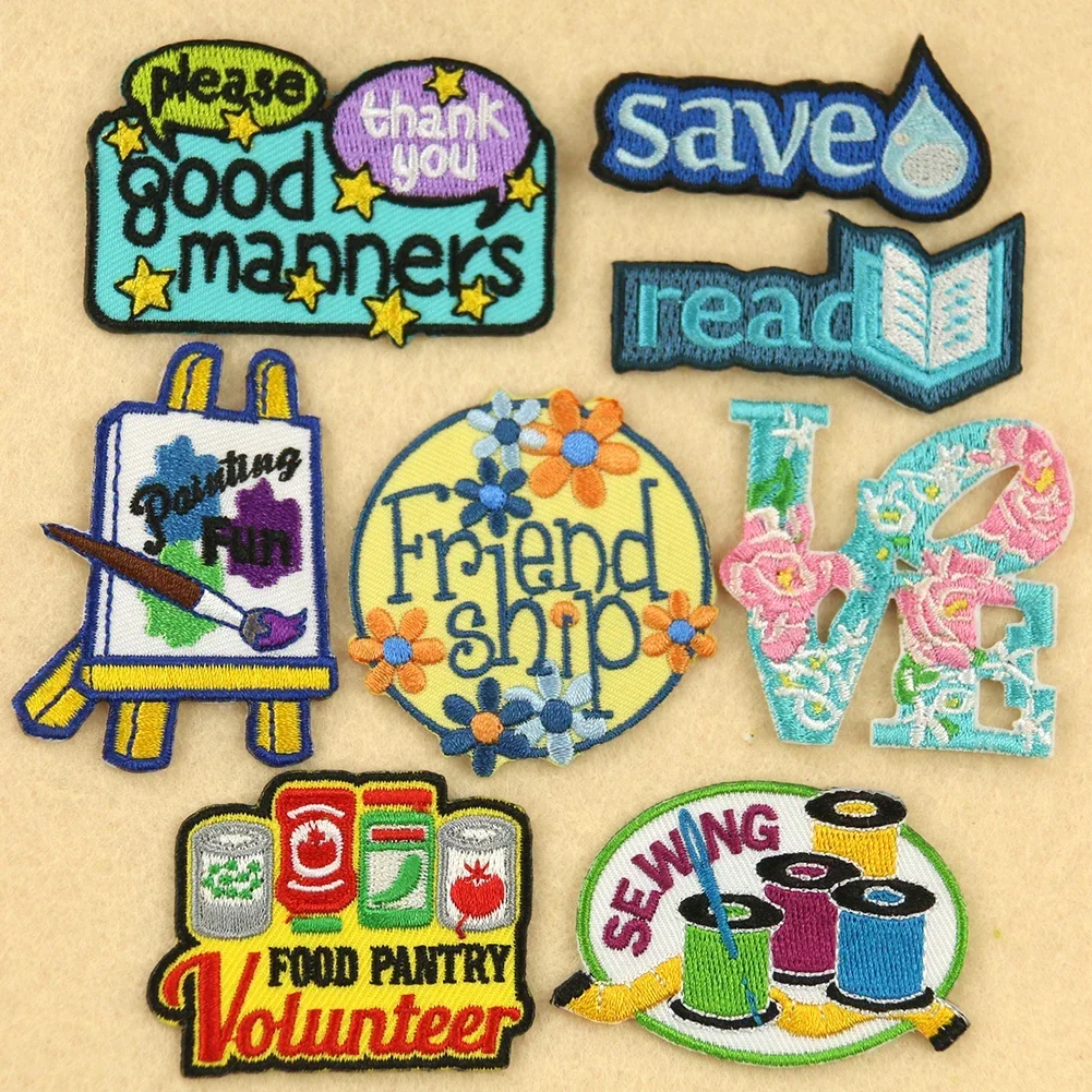 2PCS Embroidery Thermoadthesive Patches Drawing Tools Clothes Stickers Letters Flower Save Water Read Books Applique Supplies