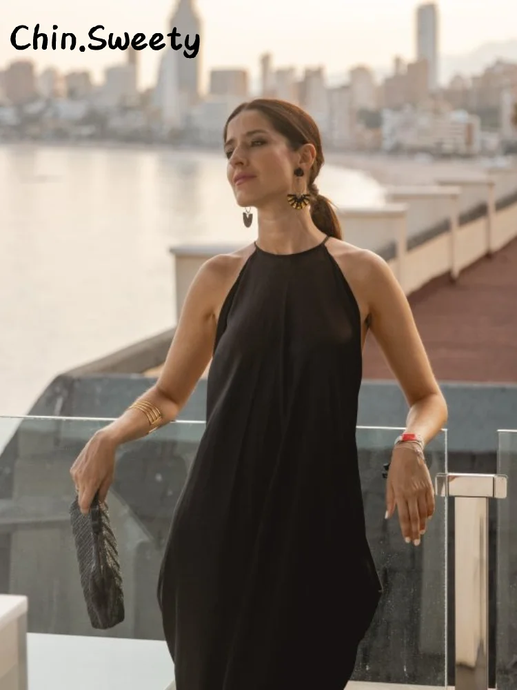 우아한 새틴 홀터 롱 슬링 드레스 여성 루즈 슬리브리스 백리스 플리츠 드레스 2025 여름 여성 섹시 파티 휴가 로브