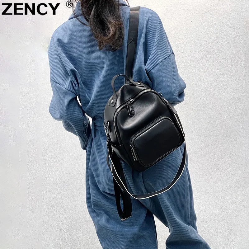 ZENCY 100% Genuine Cow Leather Calfskin Women Backpacks Naturally Fall Cowhide Book Dual Function Backpack One Shoulder Bags