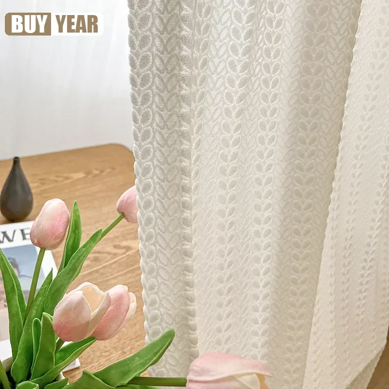 Bean Sprout Pattern Embroidered White Screen Light-proof and Opaque Human Gauze Curtains for Living Dining Room Bedroom Custom