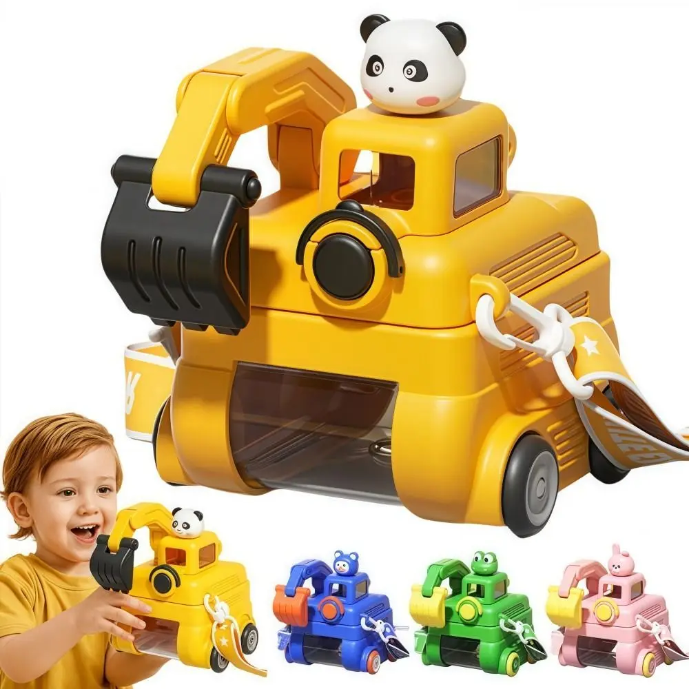 Fun Rotatable Excavator Water Bottle 500ML Cartoon Toy Straw Water Bottles No BPA with Wheels Children's Kettle Kids Gift