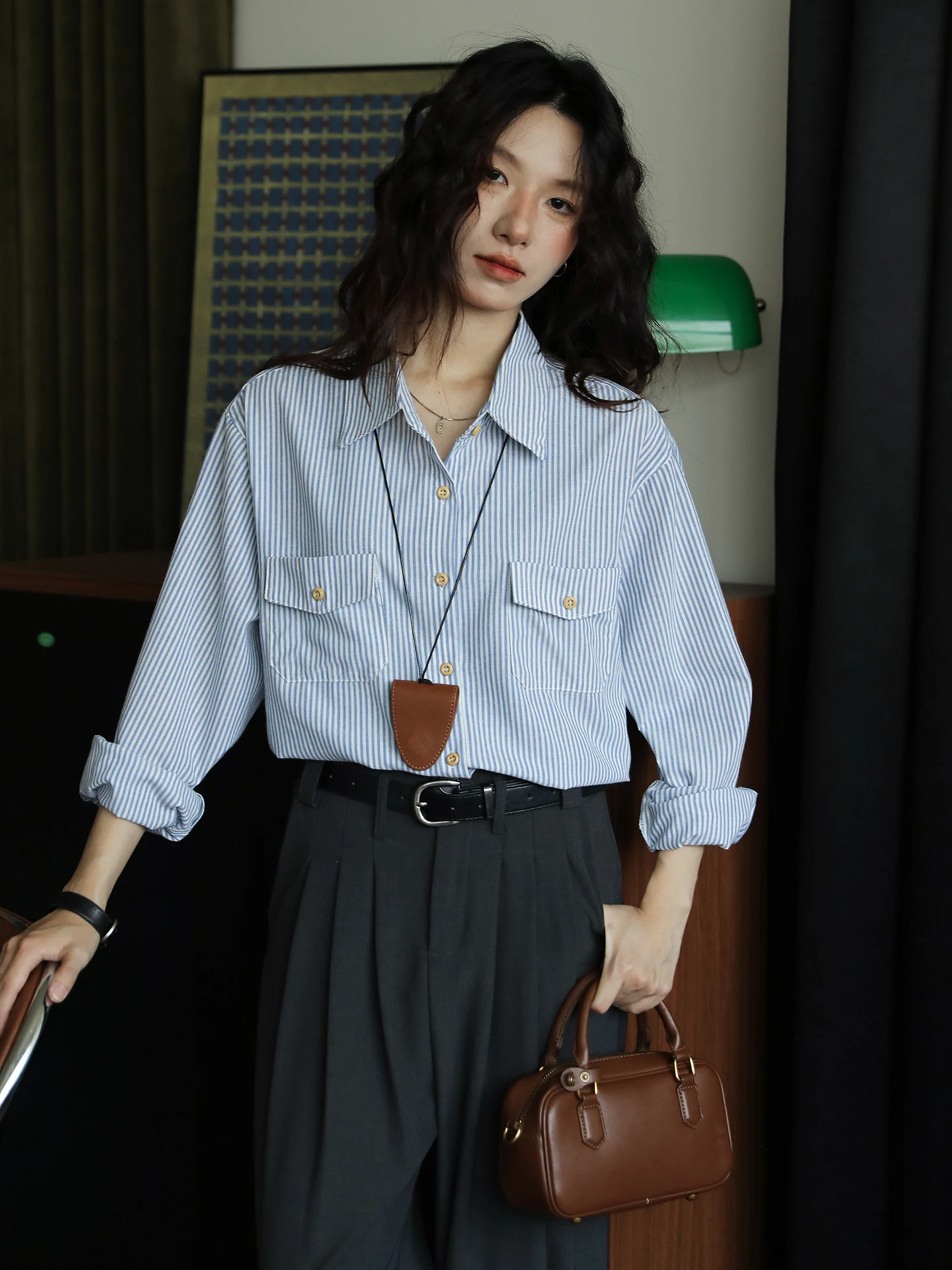 

Blue Slim Fit Striped Long Sve irt Women's Busin Sle Top Cotton Comfortable Breathable Button up Classic Design