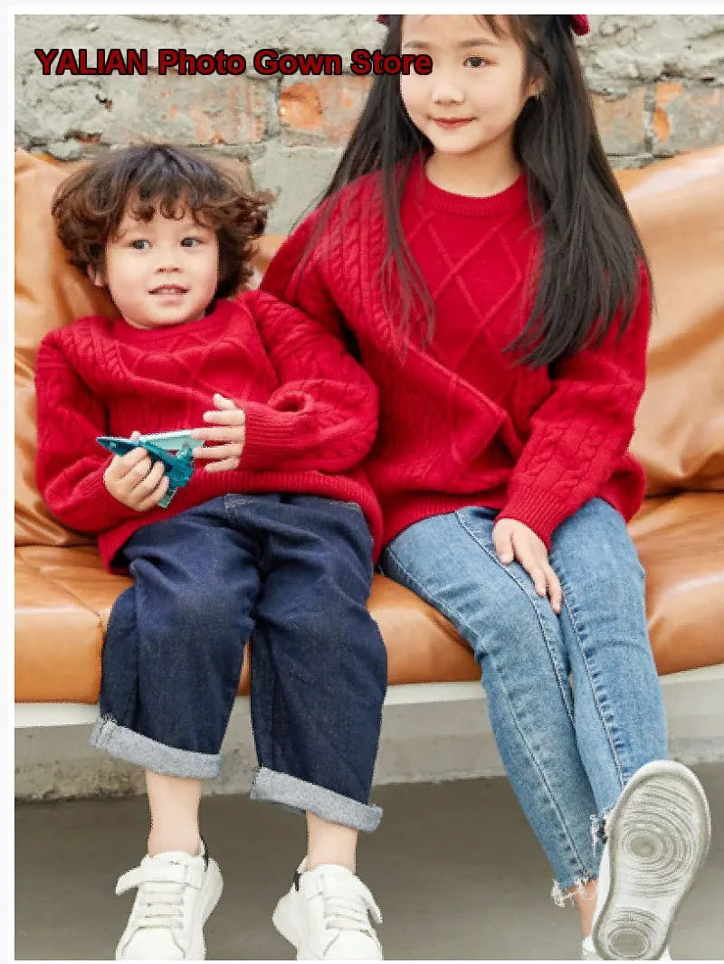 New Year Clothes Sibling Outfit Kids Red Lucky Dress Loose Cable Knit Cotton Pullover