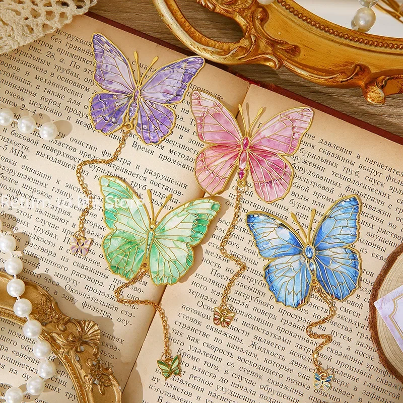 1Pc Cute Butterfly Metal Bookmark Colorful Bronzing Bookmark With Chain Gifts For Book Lovers Readers Writers Friends Adults