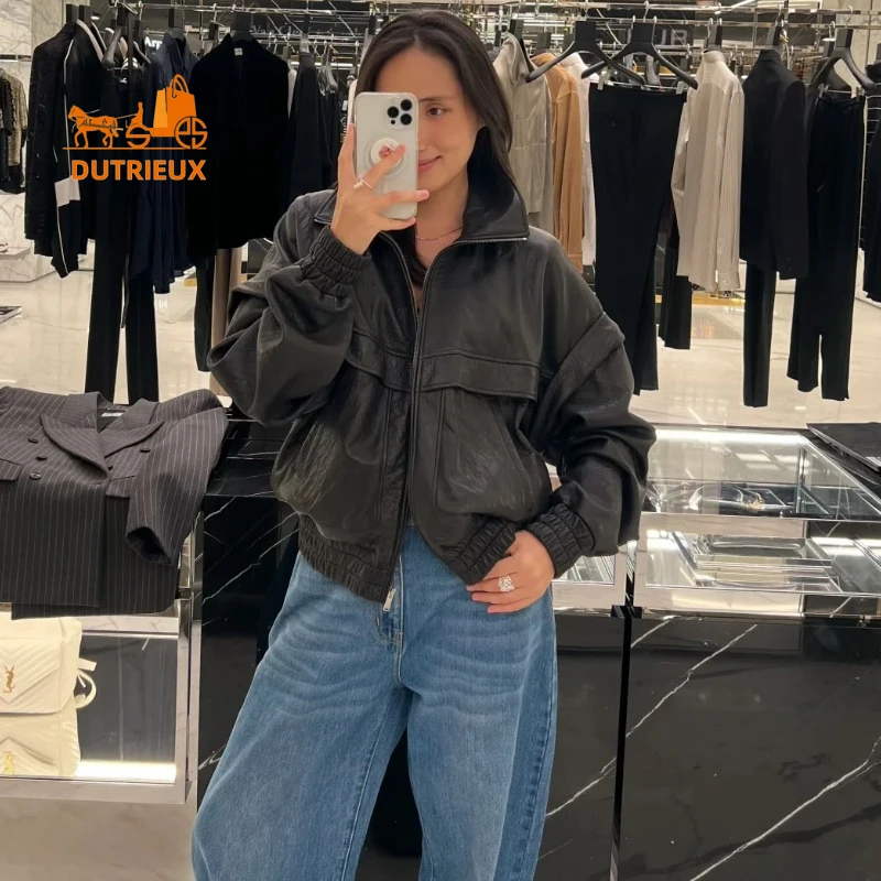 Winter Motorcycle Loose Double Pocket Leather Jacket with Old Retro Style, 100% Sheepskin Heavy Leather Jacket for Men and Women