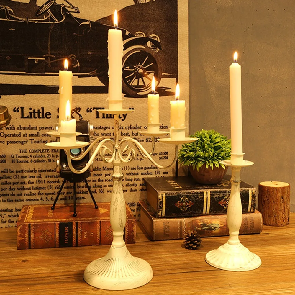 5 Arms Metal Candelabra Cast Iron Round Stable Base Candlestick Holder White Decorative Candle Stand Hotel Use