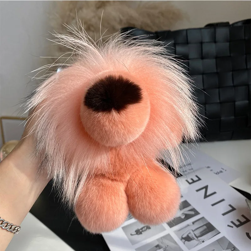 Women Bag Pendant Real Rex Rabbit Fur Keychain Cute Plush Lion Toy Highend Car Key Charm Metal Ring Ornaments Kids Birthday Gift