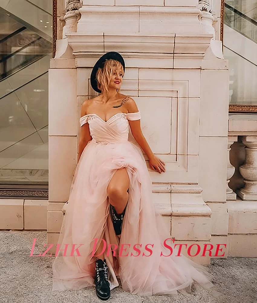 Customized Sexy Organza A-Line Off the Shoulder Crystal Sequined Evening Dress Fashion Sweetheart Short Sleeves Party Gowns