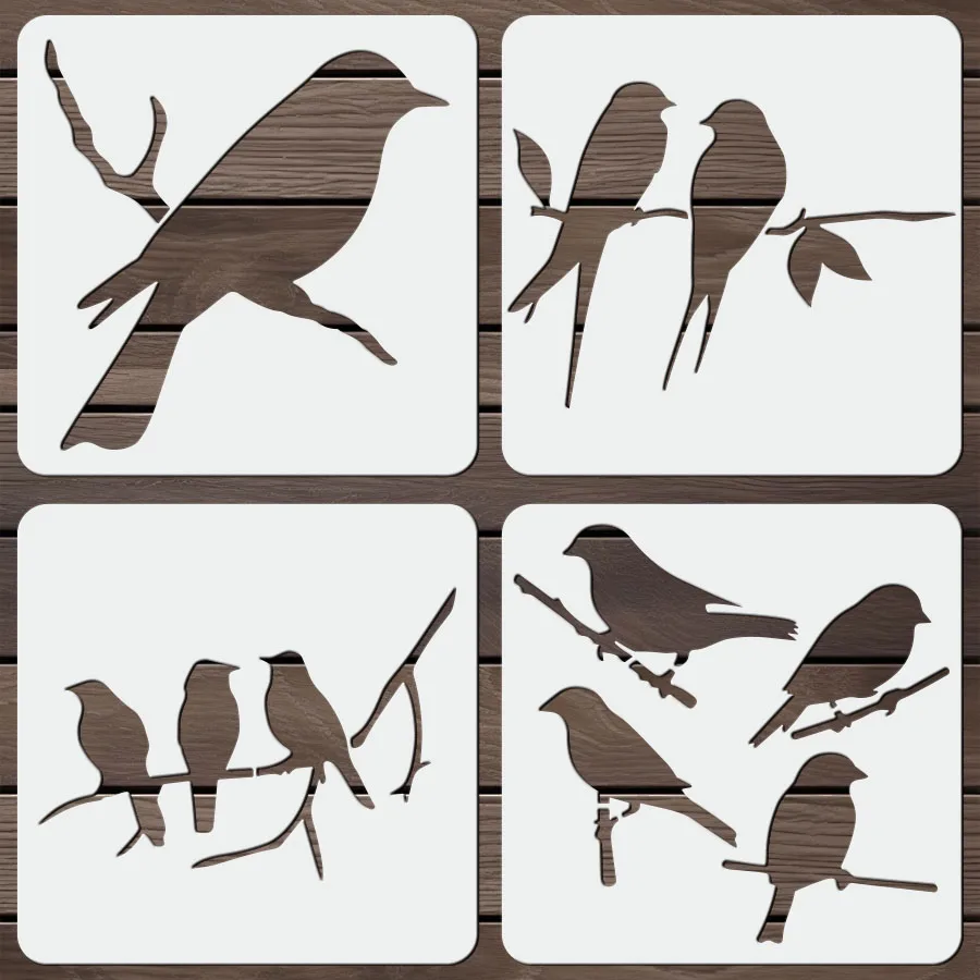 4 قطعة فرع مرسومة باليد مقاس 6*6 بوصة مع قالب أربعة طيور AI/PSD نمط زخرفي قابل للتحرير بدون قطع لبطاقة المجلات مواد ذاتية الصنع