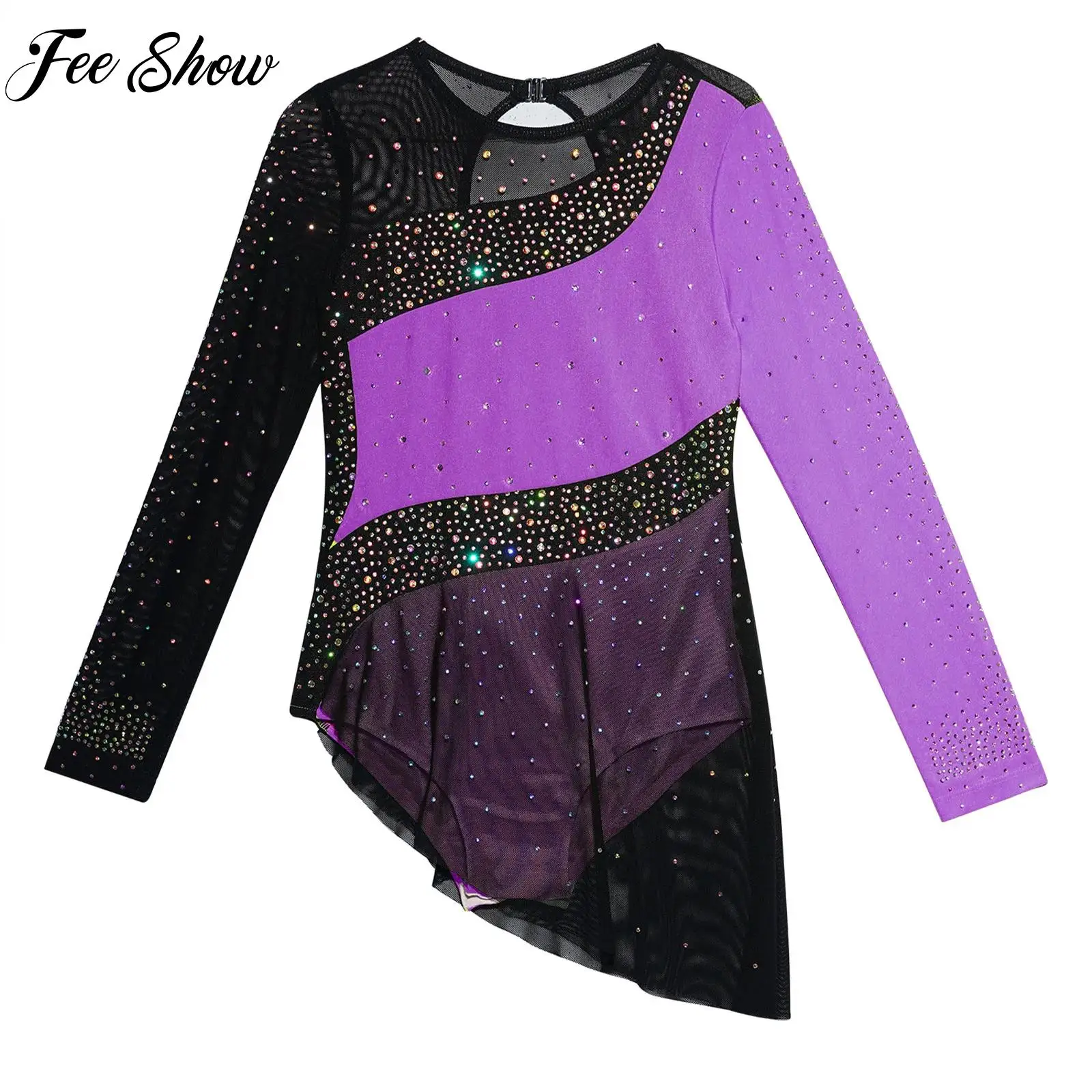 

Sparkling Rhinestones Rhythmic Gymnastics Costume for Kids Girls Long Sleeve Sheer Mesh Leotard Dress Ballet Skating Dancewear