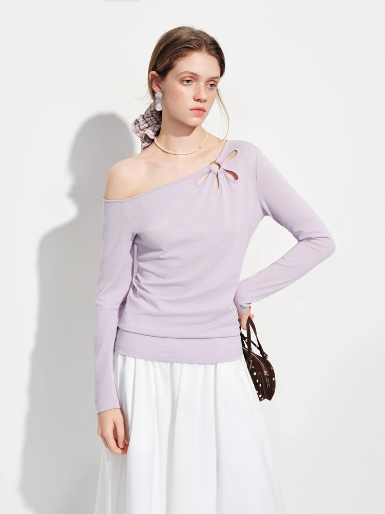 

Sweet oulder Bared Hollow out Design Linen Long Sve T-irt Spring New Sle Comfortable Breathable Women's Top