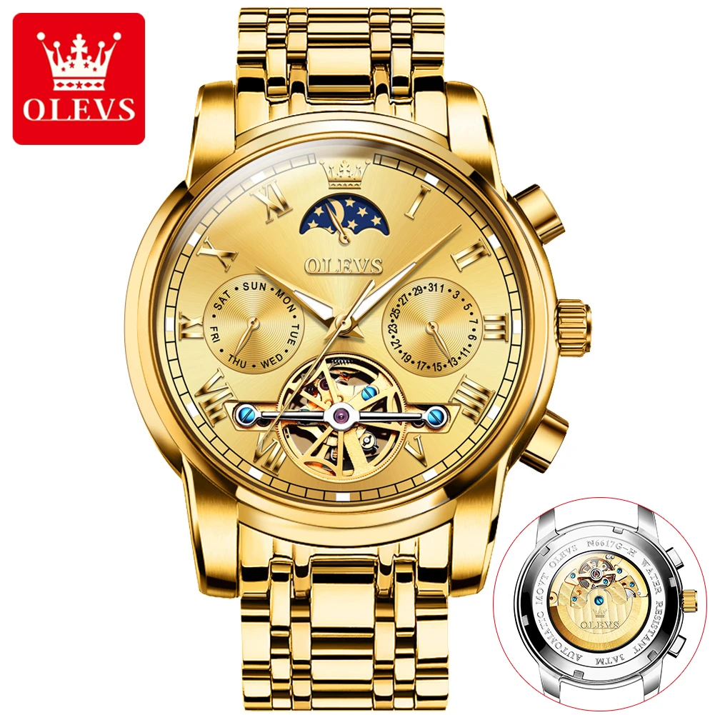 

OLEVS 6617 Golden Stainless Steel Men Mechanical Watches Luxury Automatic Movement Moon Phase Calendar Waterproof Watch Man