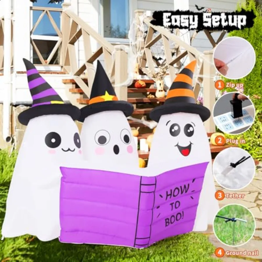 GOOSH 5.2FT Long Halloween Iatables Ghost Outdoor Decoration Blow Up Yard Cute Ghosts Reading Book with Builtin LEDs for Indoor