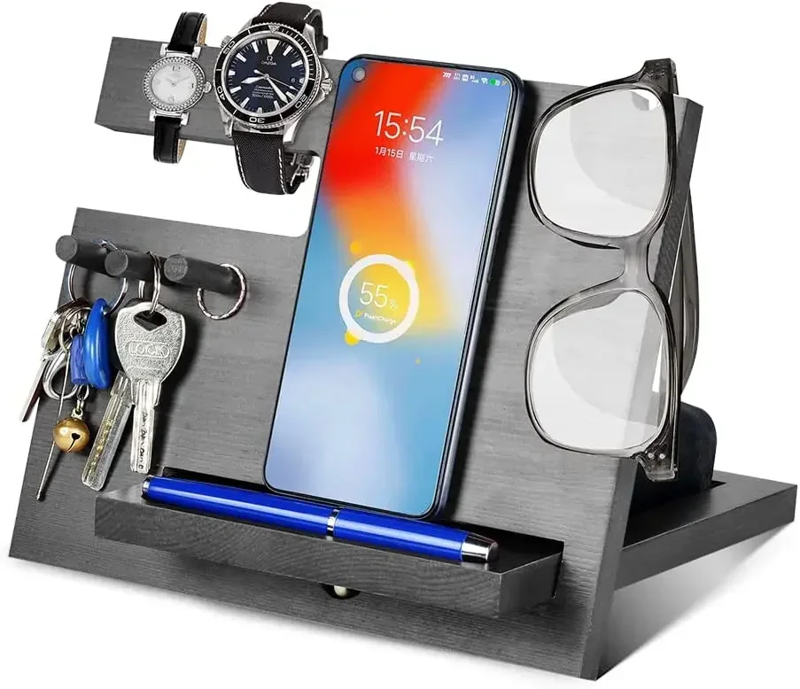 Nature Wood Phone Docking Station,Key Holder Wallet Watch Organizer Stand,Desktop desk wood mobile phone holders stand