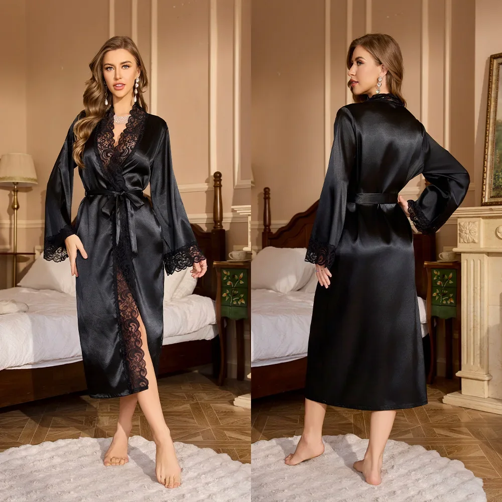 

Big Lace Patchwork Kimono Long Robe Women Satin Loungewear Sexy V-Neck Nightgown Bride Wedding Dress Loose Intimate Lingerie