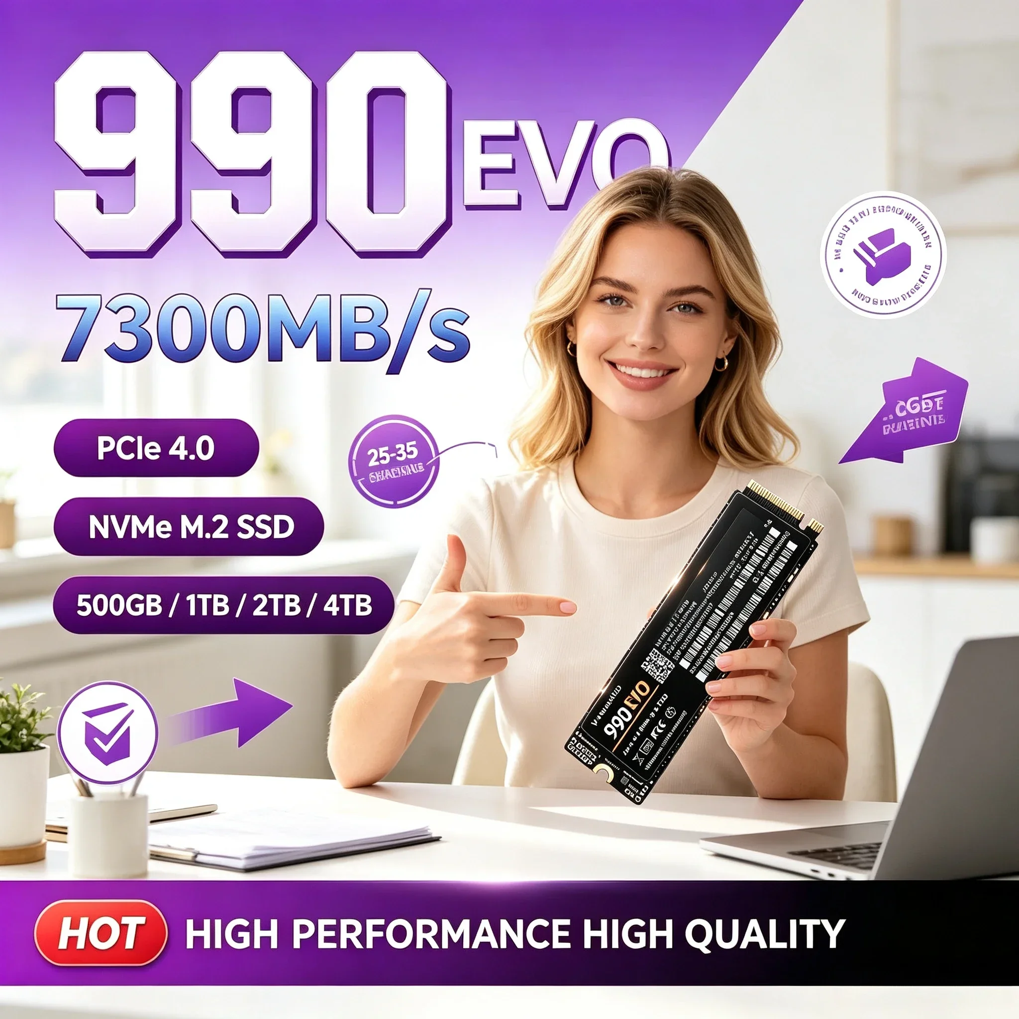 990 EVO M.2 NVMe SSD 2280 PCIe 4.0 X4 7300MB/s TLC 3D NAND 500‑4TB Internal Solid State Storage for PS5 Gaming Desktop PC