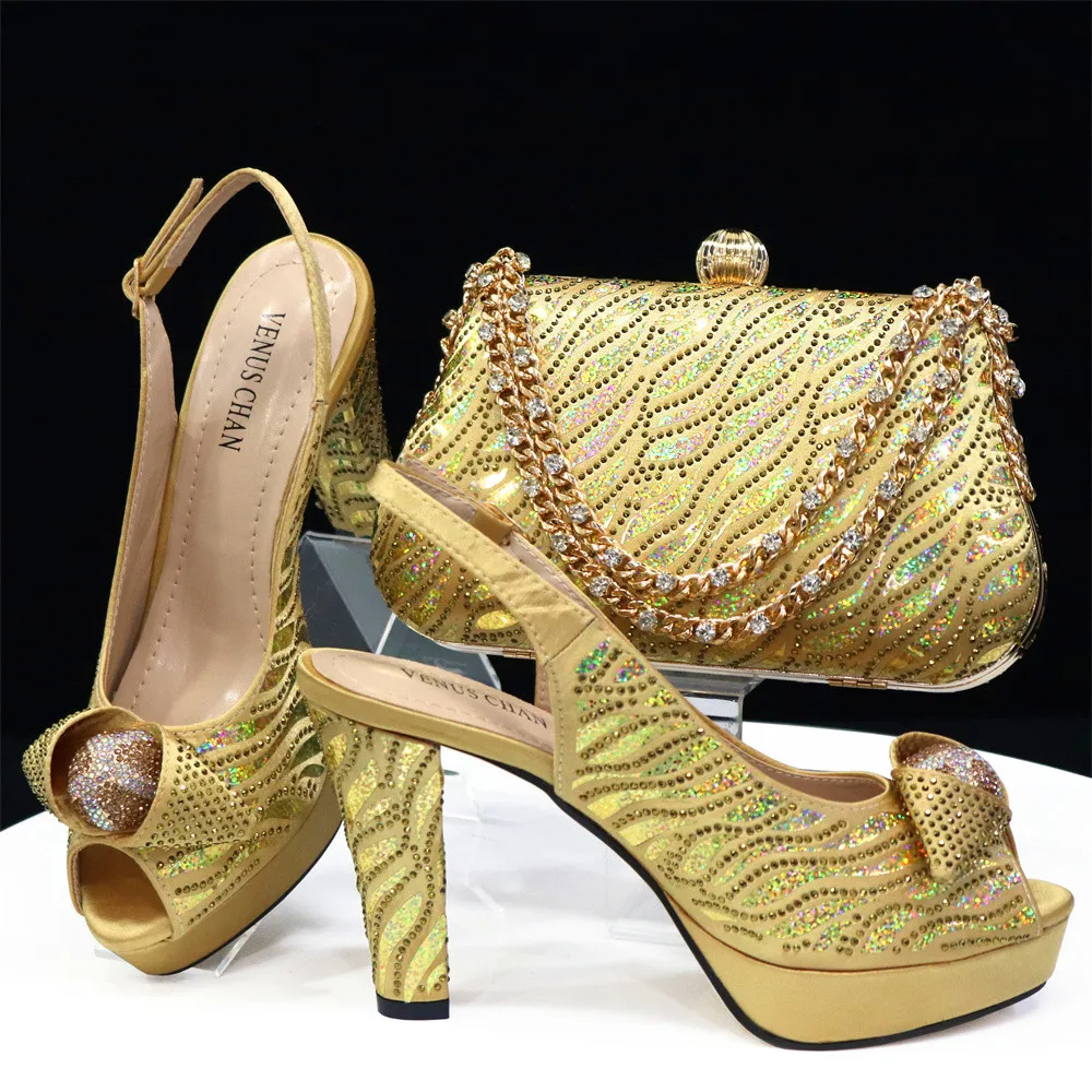 Mature Style Italian Women Shoes and Bag to Match in Gold Color Color Shinning Crystal Slingback Sandal with Platform for Party