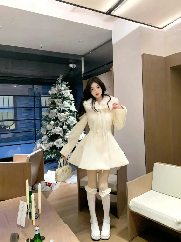 Kerst Lolita Kawaii Lange Mouw Lange Mix Vrouwen Casual Pure Kleur Jas Zoete Anime Knop Patchwork Strikken 2025, Herfst