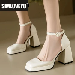 ASILETO Brand Women Pumps Square Toe Block Heels 9cm Buckle Strap Big Size 45 46 Mary Janes Party Wedding Shoes 32 33