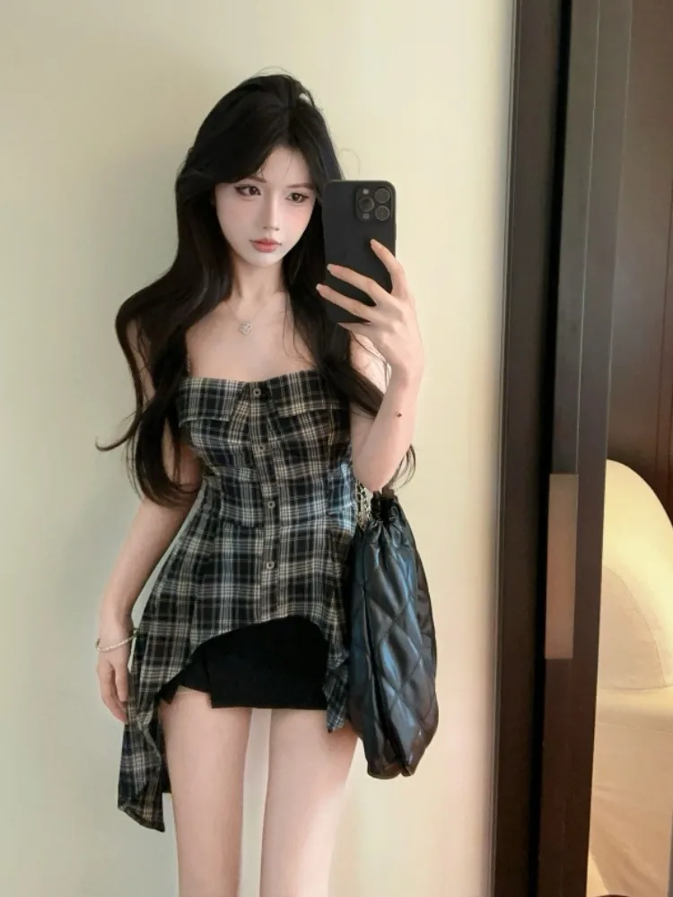 

Корейский женский топ с неровным подолом, новый летний милый крутой топ Personali Spicy Girl Personali в клетку с ремешками