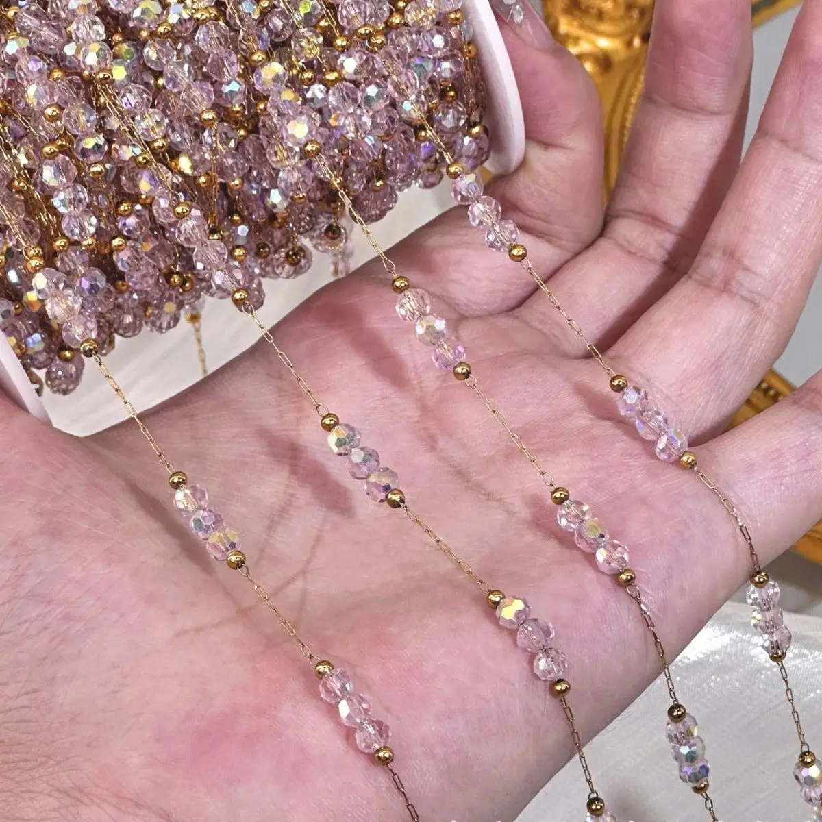 Dreamy Pink Crystal Chain Stainless Steel Iridescent Colorfast Fringe for DIY Jewelry Making Supplies