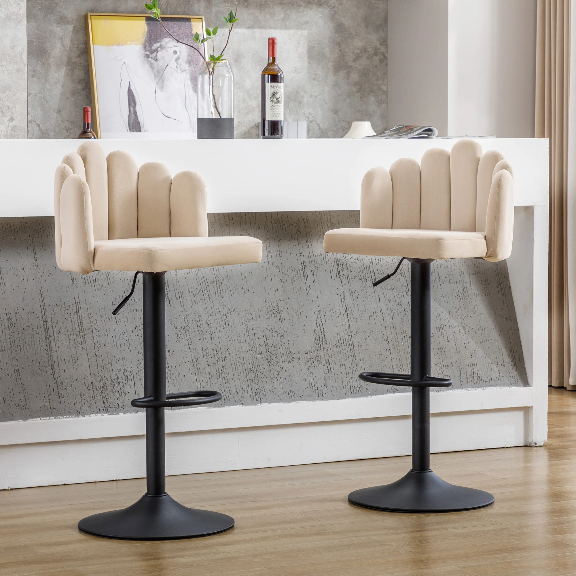 VSOGA Velvet Bar chairs Set of 4 Swivel Height Adjustable Modern Casual chairs Petals chairs Footrest Beige