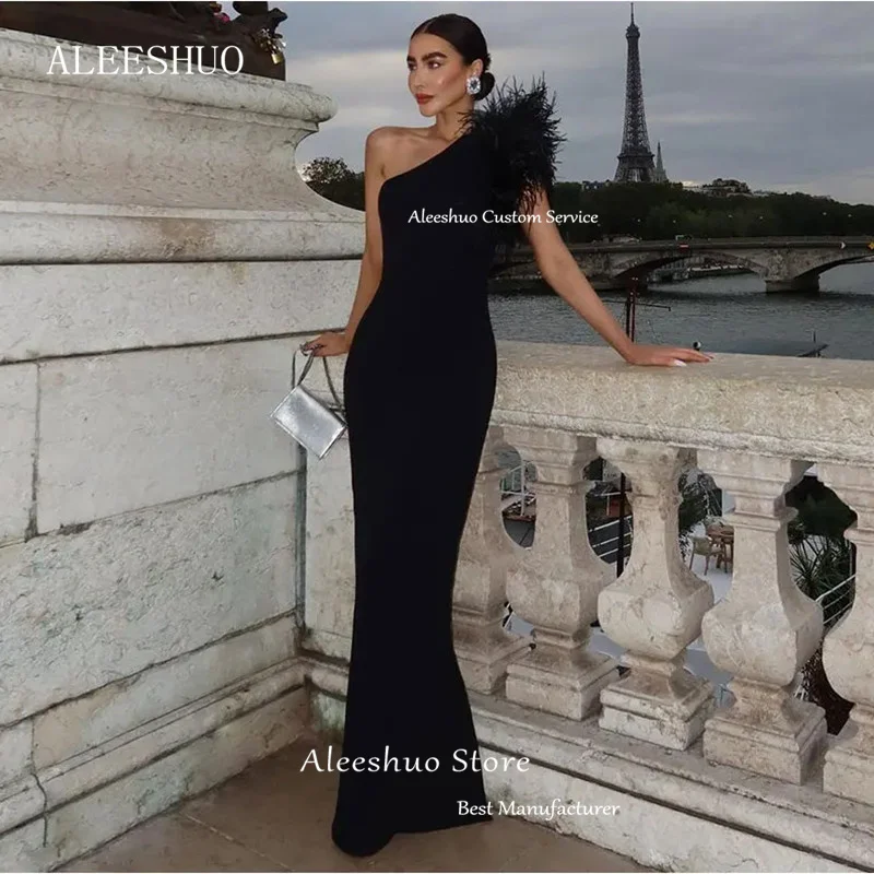 Aleeshuo Elegante Zwarte Zeemeermin Formele Prom Dress Veren Één Schouder Mouwloze Avondjurk Feestjurken Saudi Arabië 2024