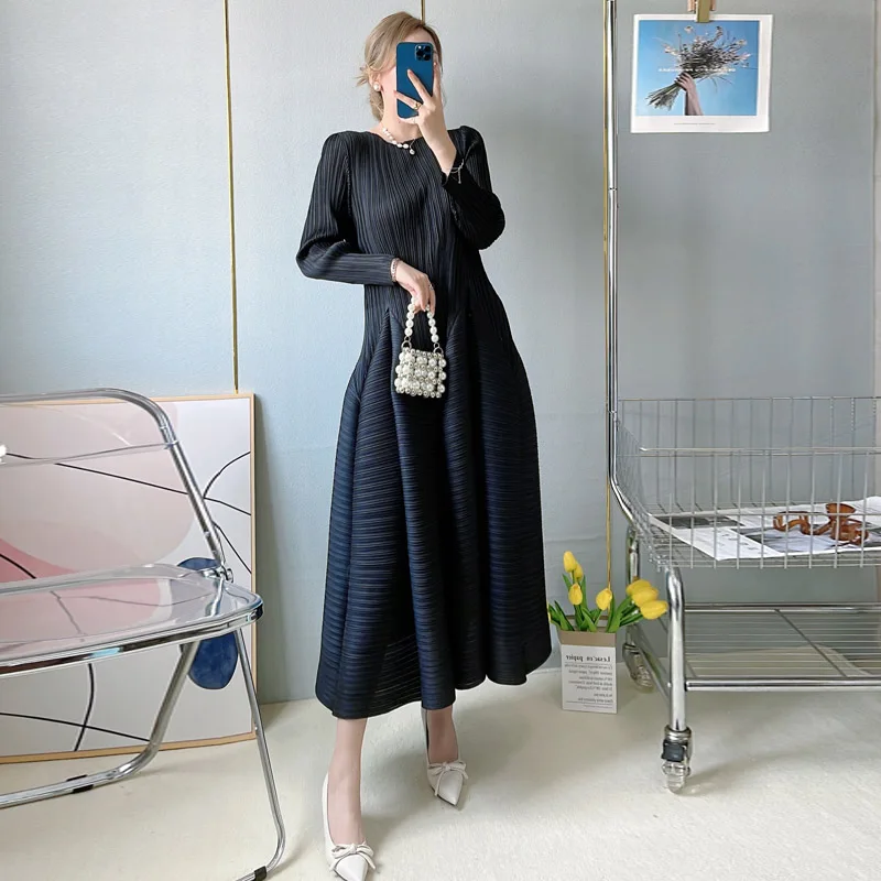 Miyake Pleated Long Sleeve Bud Dress Women 2024 Spring New Causal Korean Fashion Designer Elegant Loose Dresses