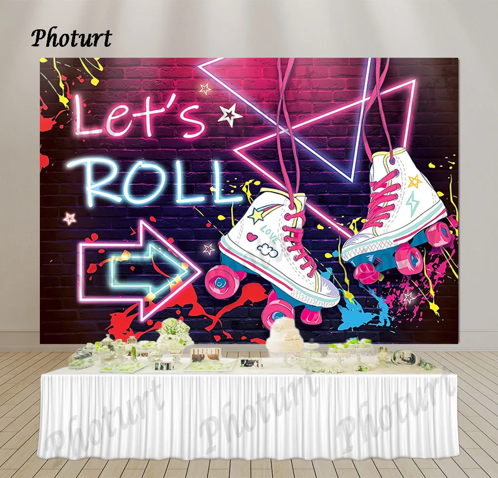 Photurt Let's Roll Backdrop Girl Birthday Party Background Roller Skating Purple Neon Glow Vinyl Polyester Photography Props