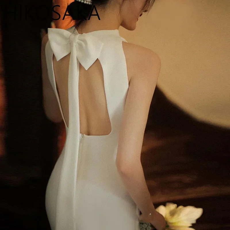 Customized French Bride White Wedding Dress Women Sexy Backless Bow Satin Sleevekess Gown Dresses Elegant Evening Guest Long Par