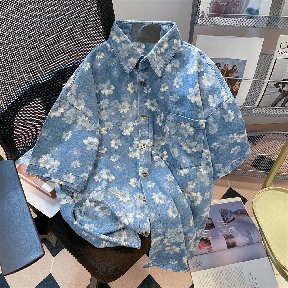 American Retro Floral Print Denim Men Women Shirt Summer Oversize Turn Down Collar Short Sleeved Loose Blouse Tops