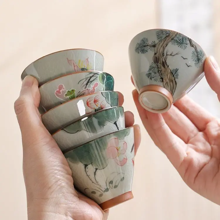 Ge Kiln Hand Painted Tea Cup Set Gift Box