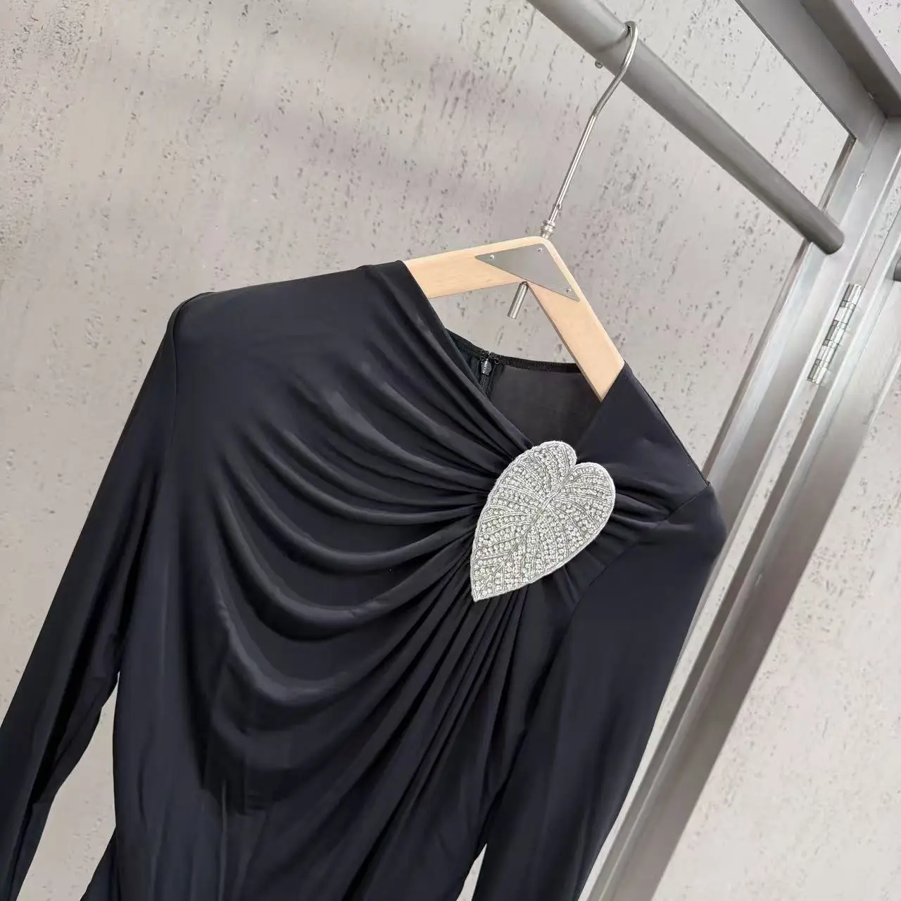 High Street Bodysuit Women's Love Nail Diamond Long Sleeved Jumpsuit T-shirt with Pleated Diagonal Collar Top